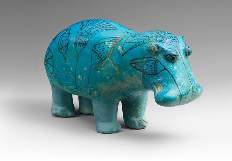 Hippopotamus ("William"). Egypt, Middle Egypt, Meir; Middle Kingdom, Dynasty 12, reign of Senwosret II, ca. 1961-1878 B.C. Faience, Gift of Edward S. Harkness, 1917 (17.9.1)